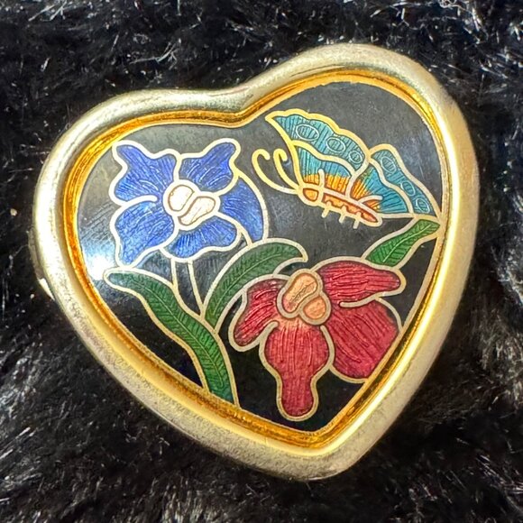 Heart-Shaped Cloisonné Pill Box Butterfly Floral Enamel Design In Red Blue - Picture 1 of 6